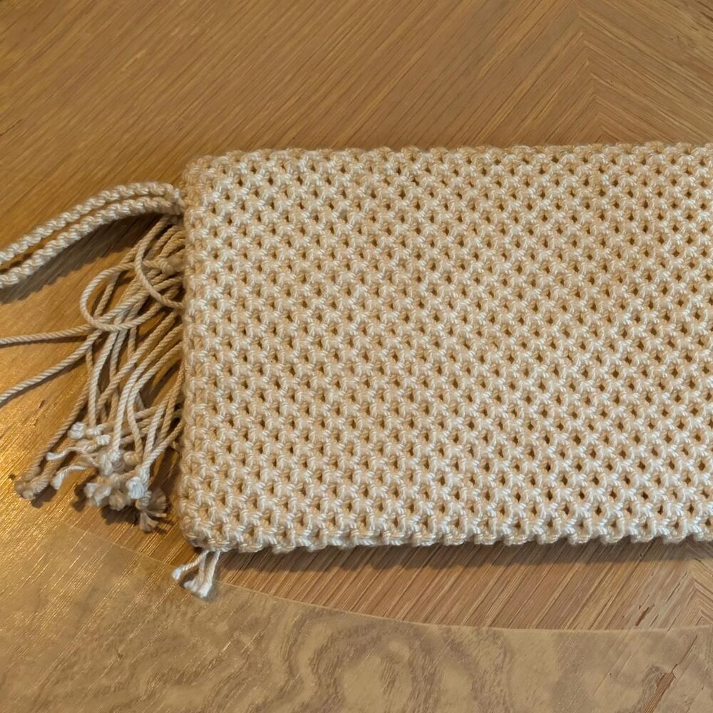 Boho Crochet Fringe Clutch Bag Cream Macrame Festival Wristlet - Picture 3 of 4